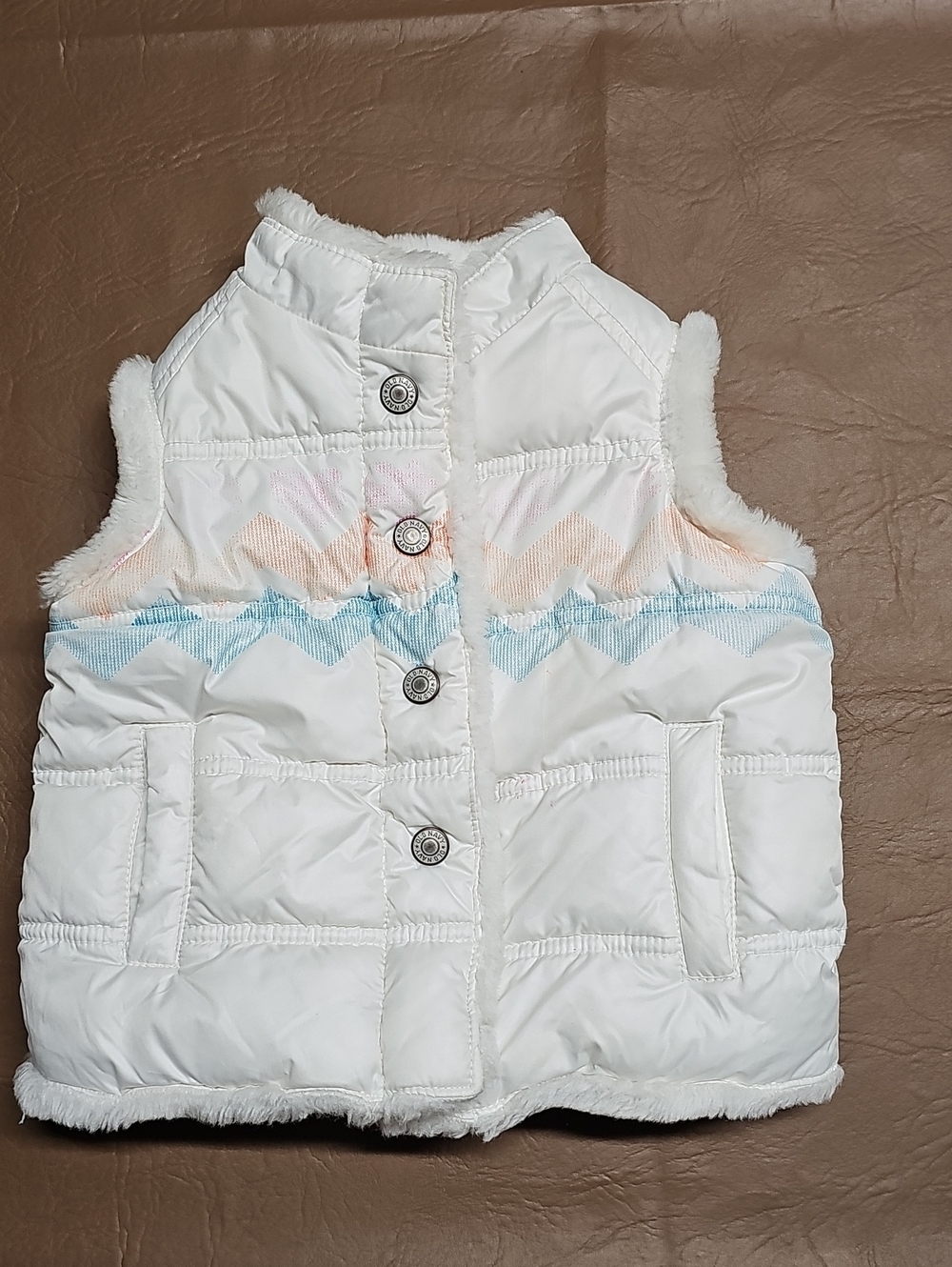 Old Navy Kids White Puffer Vest with Pastel Chevron Detail